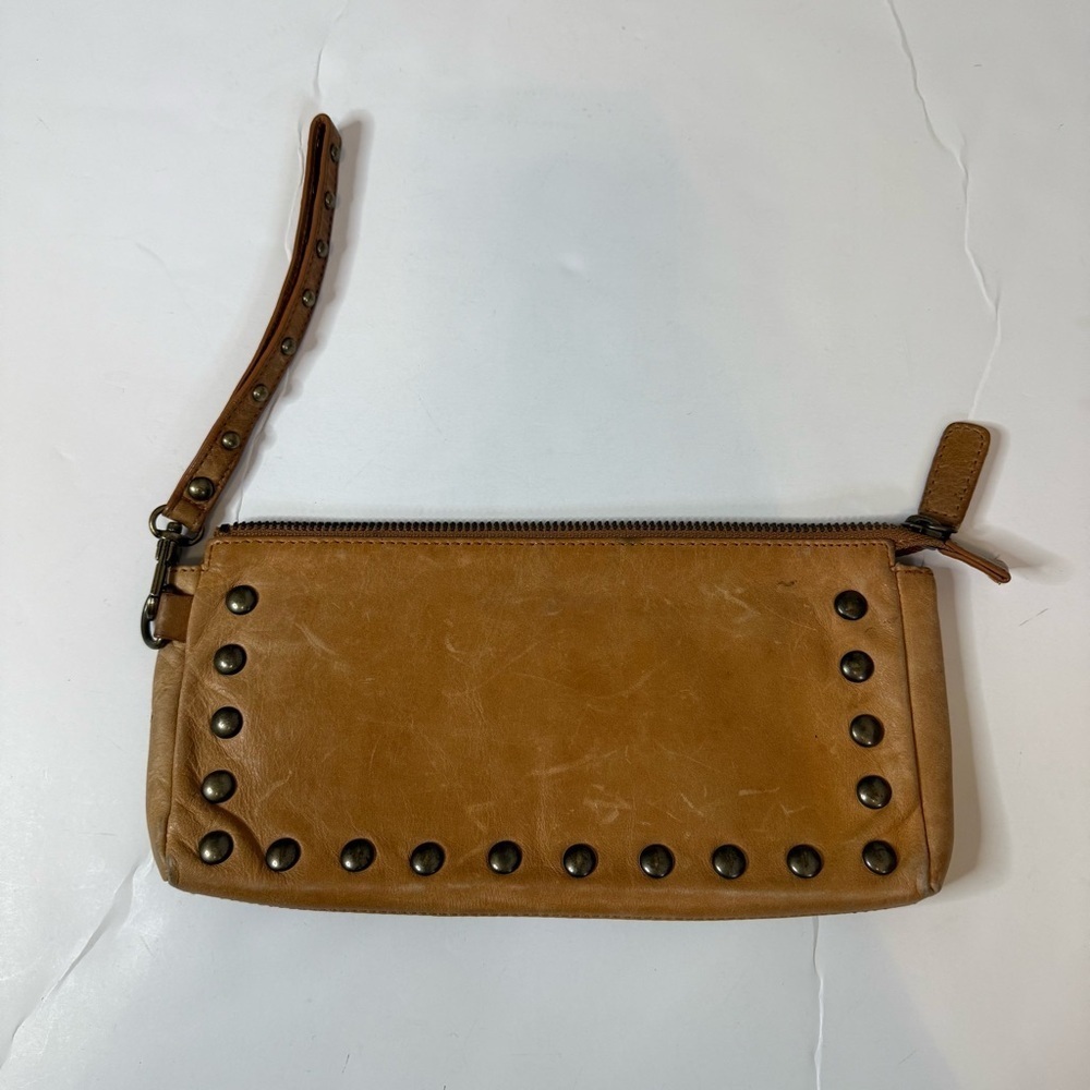 Nordstrom Tan Camel Brown Leather Studded Mini Bag Zip Top Wristlet